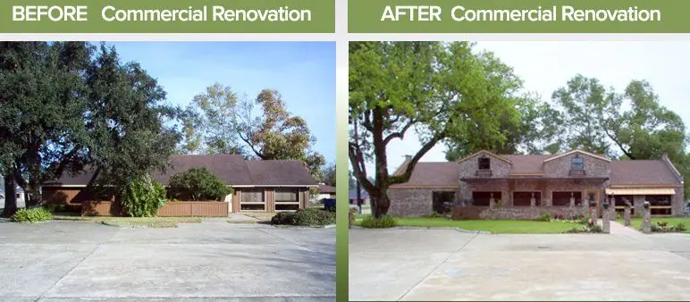 Before and after of a commercial building renovated by Sade Construction, dated exterior transformed with stone and timber accents
